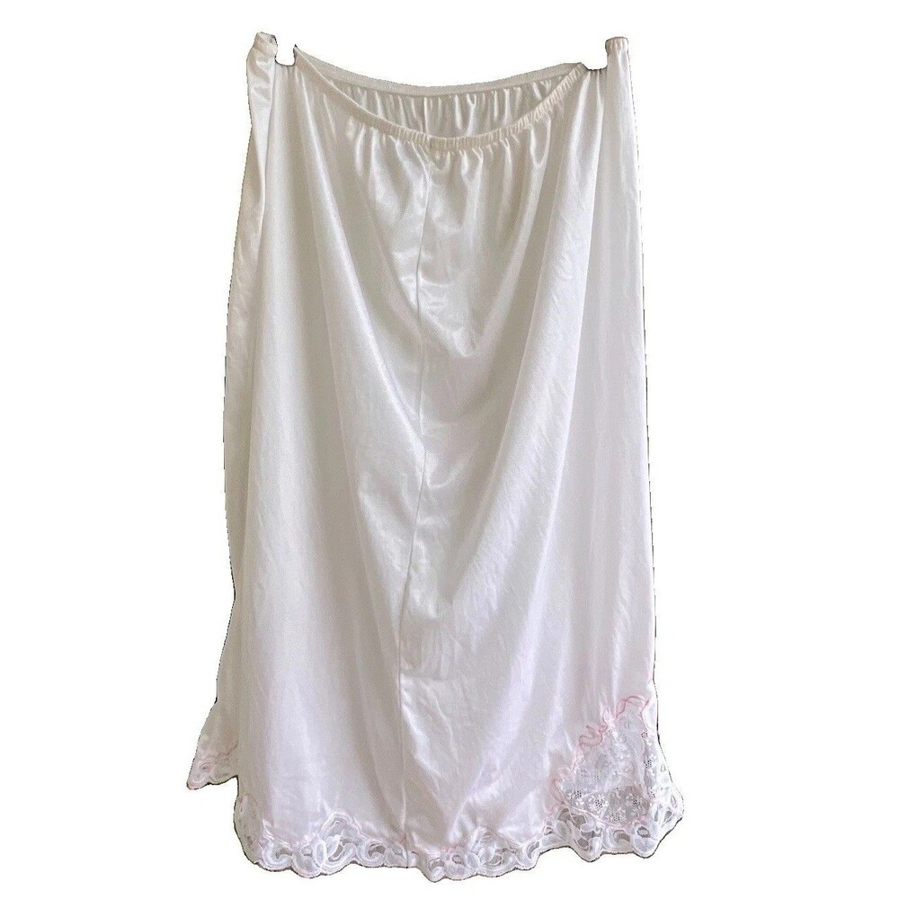 Vtg 70s Ventura White Half Skirt Slip Lace Hem Pink Rose/ Trim Women’s 2X Nylon